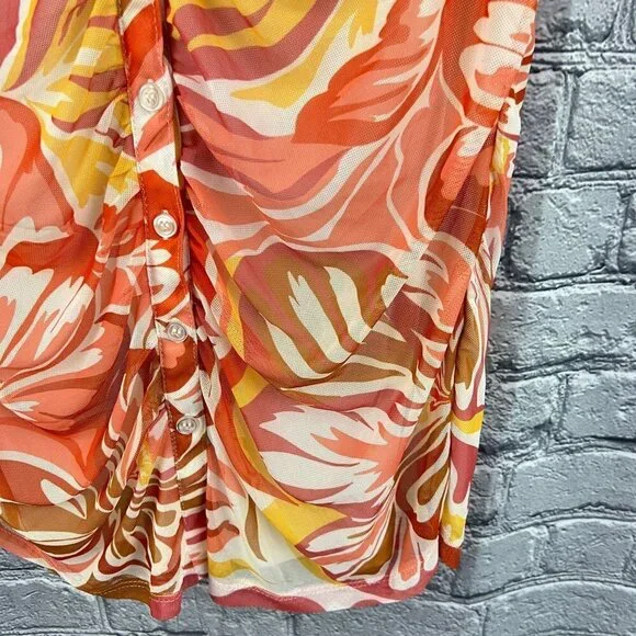 Cable and Gauge Blouse Womens Small Orange Floral Sleeveless Ruched Top V Neck - Picture 7 of 10